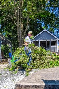 RBI clearing trees from an outdoor play area at Roberta Webb Childcare Center for United Way's Day of Action