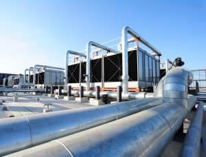 Sets of cooling towers on top of a building
