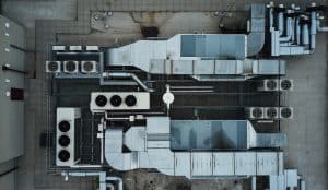Bird's eye view of rooftop HVAC system on a building